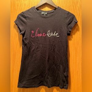 Bebe Black Tee with Pink and White Embroidery